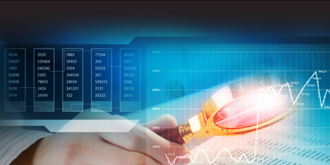 photo illustration of magnifying glass looking at data